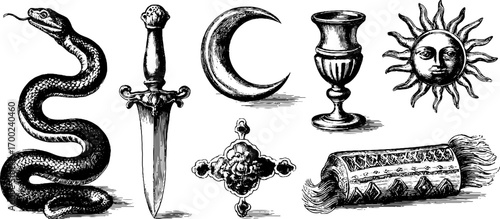 Eastern mystical symbols in vintage engraving style for design and decor