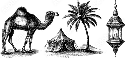 Eastern mystery with camel, tent, palm tree, and lantern - vintage engraving style design