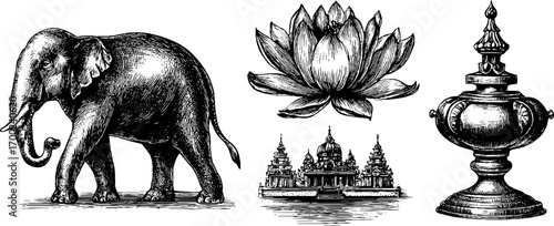 Eastern mystic elements in vintage engraving style for art and design