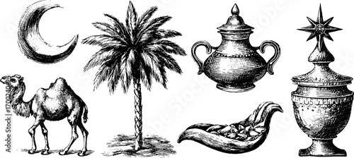 Eastern mystic elements in vintage engraving style: moon, palm, and camel for design and decor