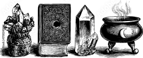 Eastern mystic artifacts in vintage engraving style for witchcraft and magic themes