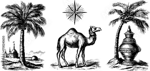 Eastern mystic scene with camel, palm trees, and compass in vintage engraving style