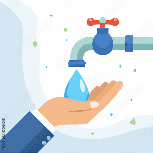 Hand Catching Water Drop From Faucet On Blue White Background