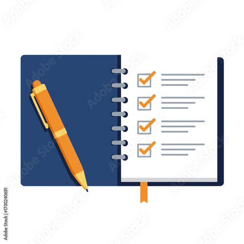 Notepad with checklist and pen on white background