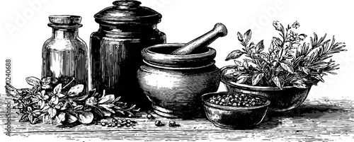 Eastern tea and herbs: vintage engraving for herbal infusion and apothecary design
