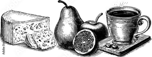 Vintage farm breakfast with cheese, fruit, and hot beverage in engraving style