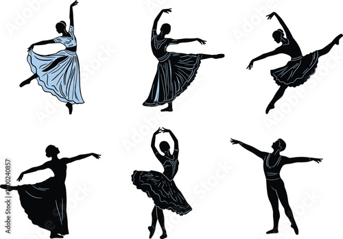 Elegant vector silhouettes of ballet dancers – male and female ballerinas in graceful poses with flowing dresses and classic dance forms.