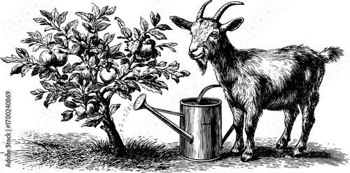 Vintage farm scene with goat and watering can in engraving style