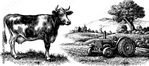 Rustic farm life with cow and tractor in vintage engraving style for design and decor
