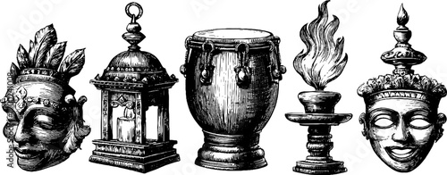 Vintage fire festival elements in engraving style for poster or card design