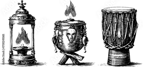 Fire festival celebration elements in vintage engraving style for art and design