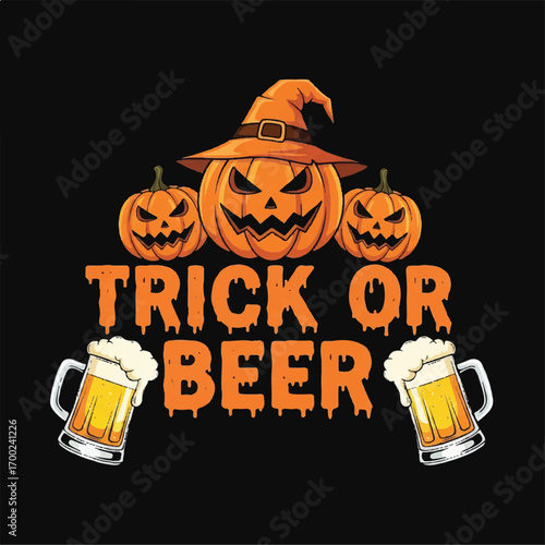 A Halloween-themed graphic featuring three carved pumpkins, one wearing a witch's hat, with the text "TRICK OR BEER" and two mugs of beer.