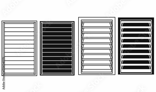 Vector illustration of jalousie window set with horizontal slats, louver shutter design in black and white line art, perfect for architecture, ventilation, and building design.