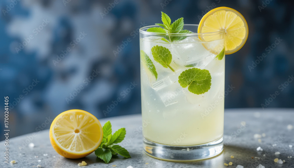 Fototapeta premium Iced Lemonade with Mint and Lemon Slice on Table