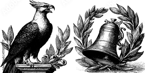 Vintage freedom symbols with eagle and bell in engraving style for retro designs