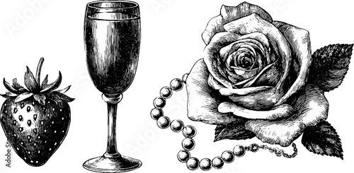 French chic vintage illustration with strawberry, wine glass, rose, and pearl necklace for elegant decor