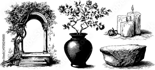 Garden romance elements in vintage engraving style for artistic designs