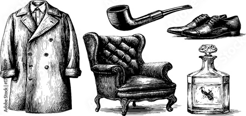 Vintage gentleman evening essentials in engraving style for retro design and decoration