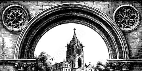 Gothic arch with tower in vintage engraving style illustration for retro design