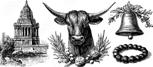 Indian grace: vintage engraving of temple, sacred cow, bell, and garland elements