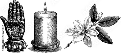 Indian grace: vintage engraving style with candle and floral motif for decorative design