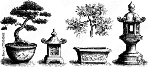Japanese harmony: bonsai and lanterns in vintage engraving style