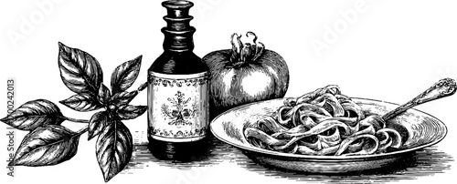 Italian dinner in vintage engraving style featuring pasta and wine