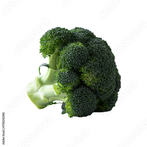 Fresh vibrant green broccoli head, showcasing its dense florets and sturdy stem isolated on a dark background.