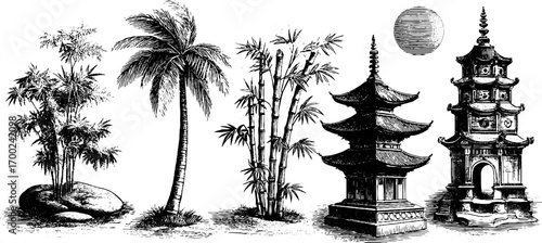 Japanese harmony in vintage engraving style: pagodas and bamboo for retro design