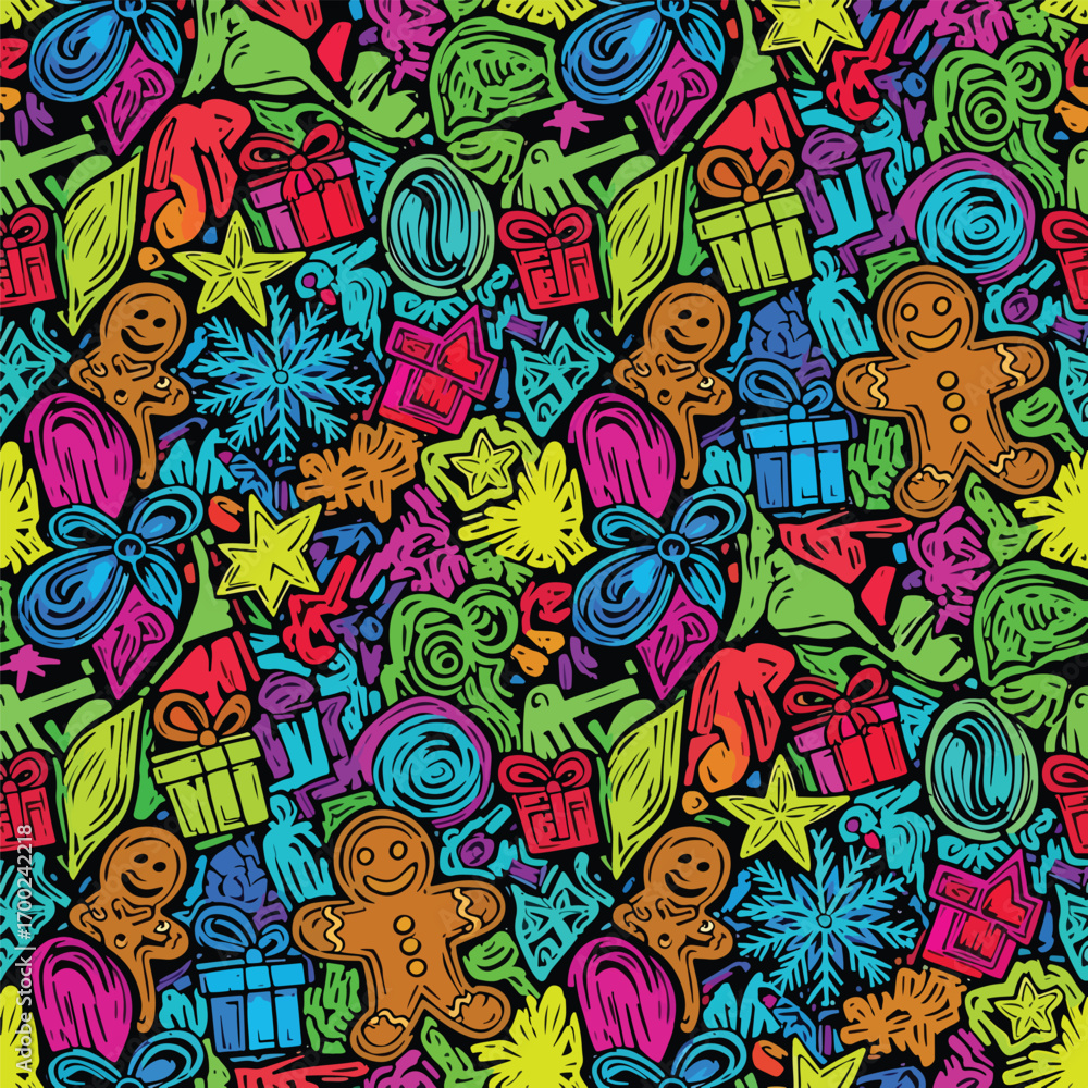 Naklejka premium Vibrant Christmas pattern featuring gingerbread men, gifts, stars, and leaves vector, patern seamless, Stock royalty free.