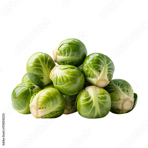 Vibrant pile of fresh green Brussels sprouts, showcasing their compact layered leaves and rounded form.