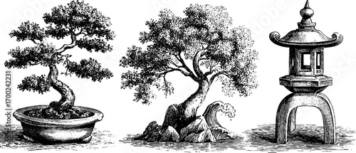 Japanese style bonsai and lantern engraving for retro design projects