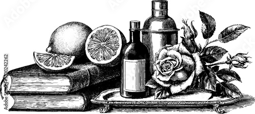 Luxury bar with orange citrus and floral elements in vintage engraving style for decorative design