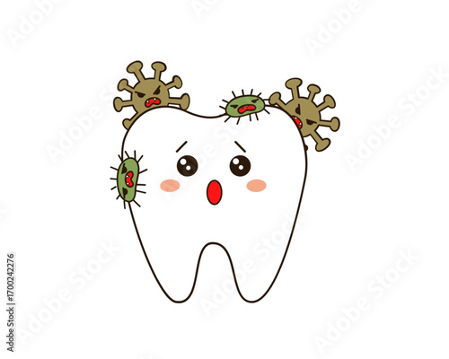 An adorable but sad tooth character being attacked by cartoon germs and bacteria, illustrating the concept of dental cavities and oral hygiene problems