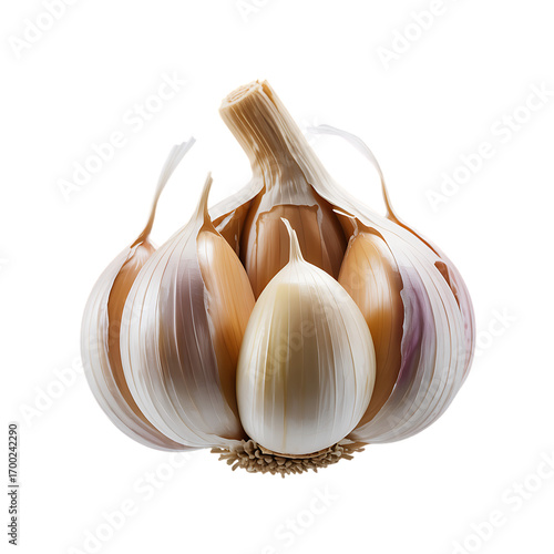 Fresh garlic bulb partially opened to reveal individual white and cream cloves with a fibrous root base on a dark background.
