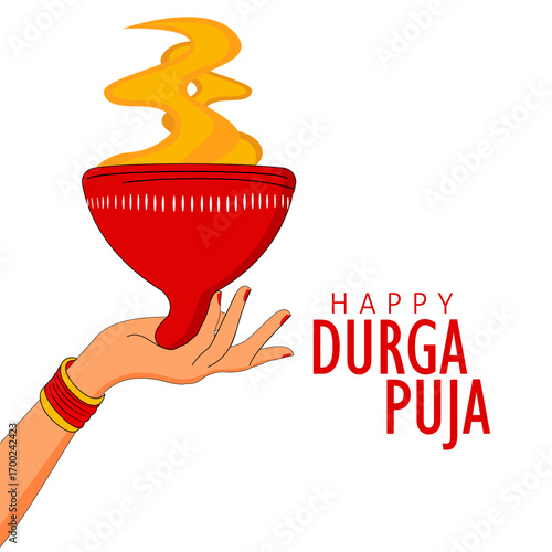 illustration of hand holding a dhunuchi dance pot with smoke celebrating durga puja festival 
