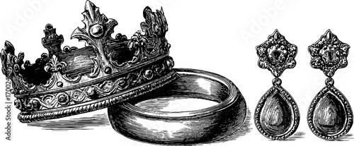 Luxurious jewelry collection in vintage engraving style for elegant design