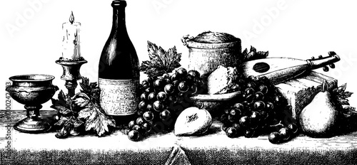 Medieval feast in vintage engraving style with traditional elements for historical decor