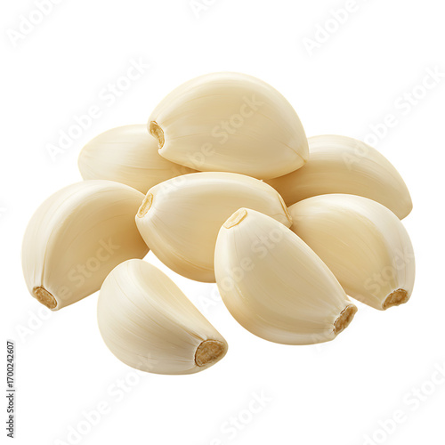 A neat pile of freshly peeled creamy white garlic cloves, ready for cooking, set against a dark, minimalist background.