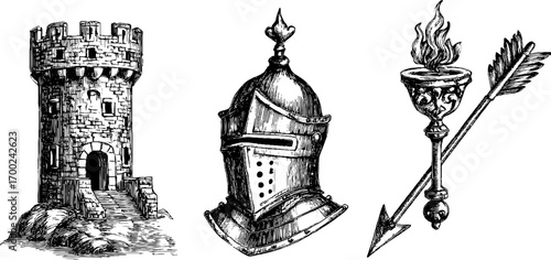 Medieval knight and castle vintage engraving design for historical artwork