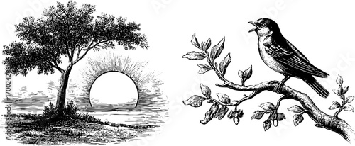 Morning ritual scene with singing bird and sunrise in vintage engraving style