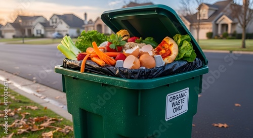 Organic waste bin overflowing with food scraps and vegetable matter in neighborhood setting
