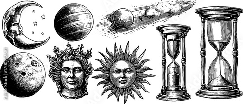 Mystic cosmos in vintage engraving style with celestial bodies and hourglass