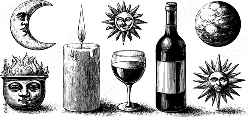 Celestial night romance with vintage sun and moon engraving elements for creative designs
