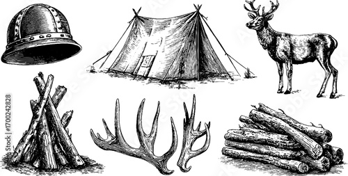 Nordic hunting camp: vintage engraving of traditional equipment and wildlife
