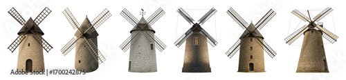 Windmill set including various stone buildings, sail types, and architectural styles isolated. Historical European structures.