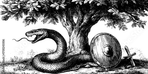 Norse mythology scene with snake and shield in vintage engraving style for retro design