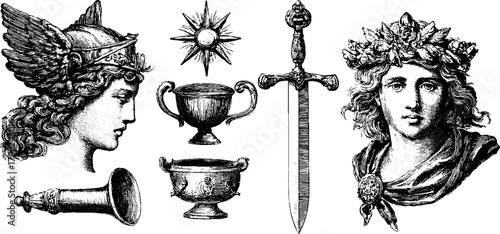 Norse mythology elements in vintage engraving style for design and decoration
