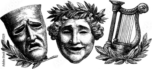 Classic theatre masks and lyre in vintage engraving style for retro design