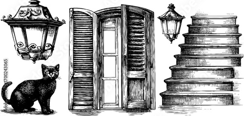 Vintage old town architecture and cat illustration for retro designs